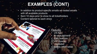 EXAMPLES (CONT)
• In addition to product-specific emails we tested emails
with all available products
• Sent 10 days prior to show to all ticketholders
• Content tailored to each show
Features:
• LN App
• In-seat delivery
• F&B features
• VIP Spaces
• Upgrades
• Safety information
 