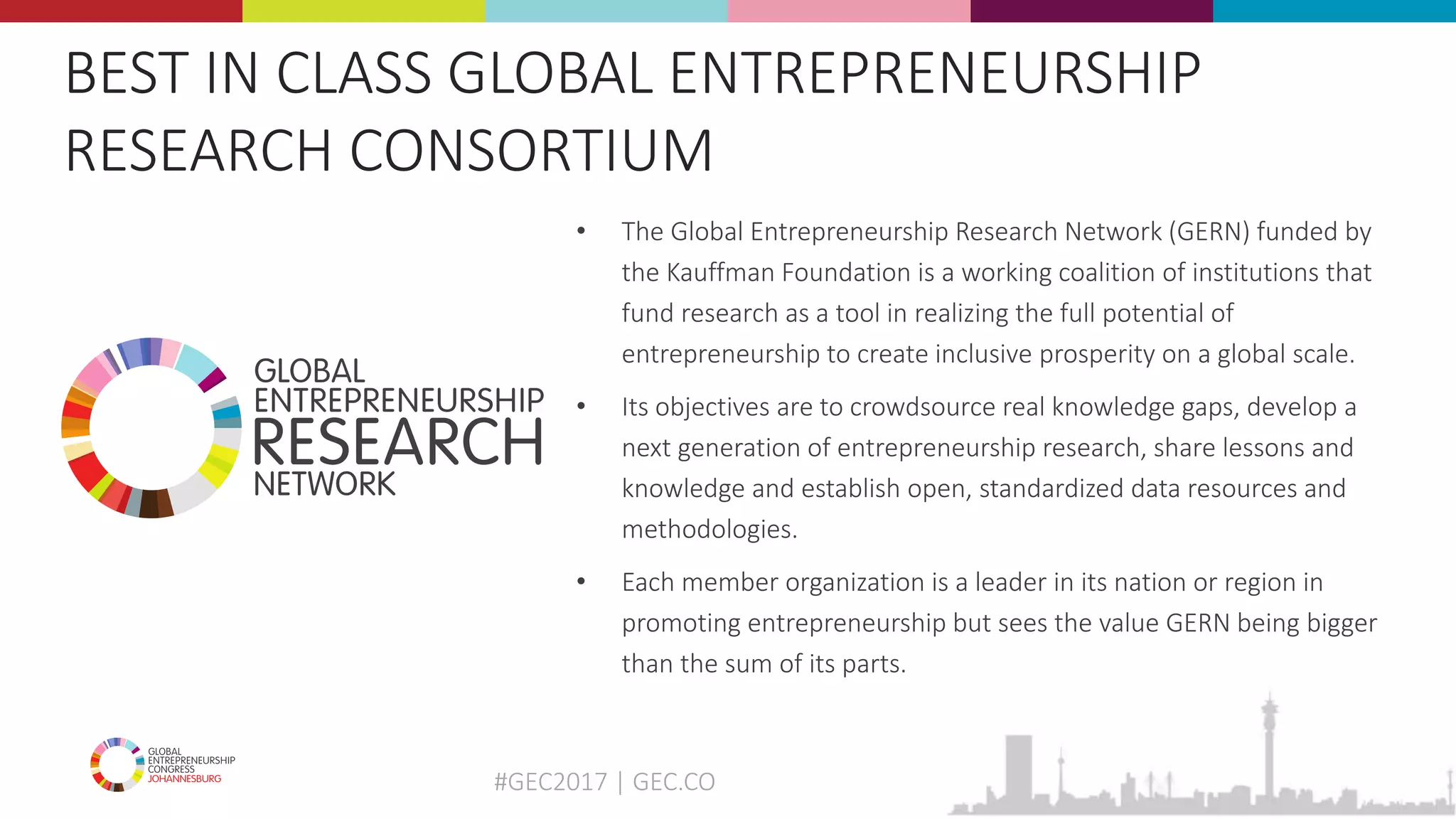 #GEC2017 | GEC.CO
• The Global Entrepreneurship Research Network (GERN) funded by
the Kauffman Foundation is a working coalition of institutions that
fund research as a tool in realizing the full potential of
entrepreneurship to create inclusive prosperity on a global scale.
• Its objectives are to crowdsource real knowledge gaps, develop a
next generation of entrepreneurship research, share lessons and
knowledge and establish open, standardized data resources and
methodologies.
• Each member organization is a leader in its nation or region in
promoting entrepreneurship but sees the value GERN being bigger
than the sum of its parts.
BEST IN CLASS GLOBAL ENTREPRENEURSHIP
RESEARCH CONSORTIUM
 