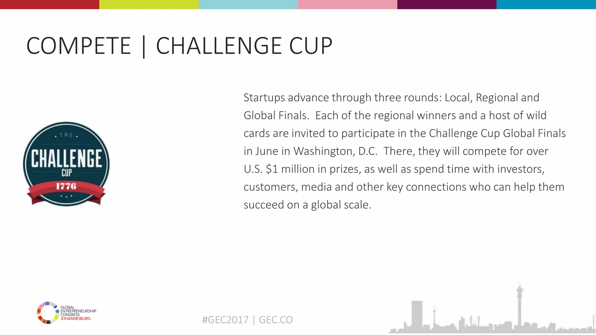 #GEC2017 | GEC.CO
COMPETE | CHALLENGE CUP
Startups advance through three rounds: Local, Regional and
Global Finals. Each of the regional winners and a host of wild
cards are invited to participate in the Challenge Cup Global Finals
in June in Washington, D.C. There, they will compete for over
U.S. $1 million in prizes, as well as spend time with investors,
customers, media and other key connections who can help them
succeed on a global scale.
 