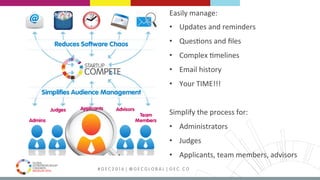 MEDELLÍN 2016 # G E C 2 0 1 6 | @ G E C G L O B A L | G E C . C O
Easily	manage:	
•  Updates	and	reminders	
•  Ques9ons	and	ﬁles	
•  Complex	9melines	
•  Email	history	
•  Your	TIME!!!	
	
Simplify	the	process	for:	
•  Administrators	
•  Judges	
•  Applicants,	team	members,	advisors	
 