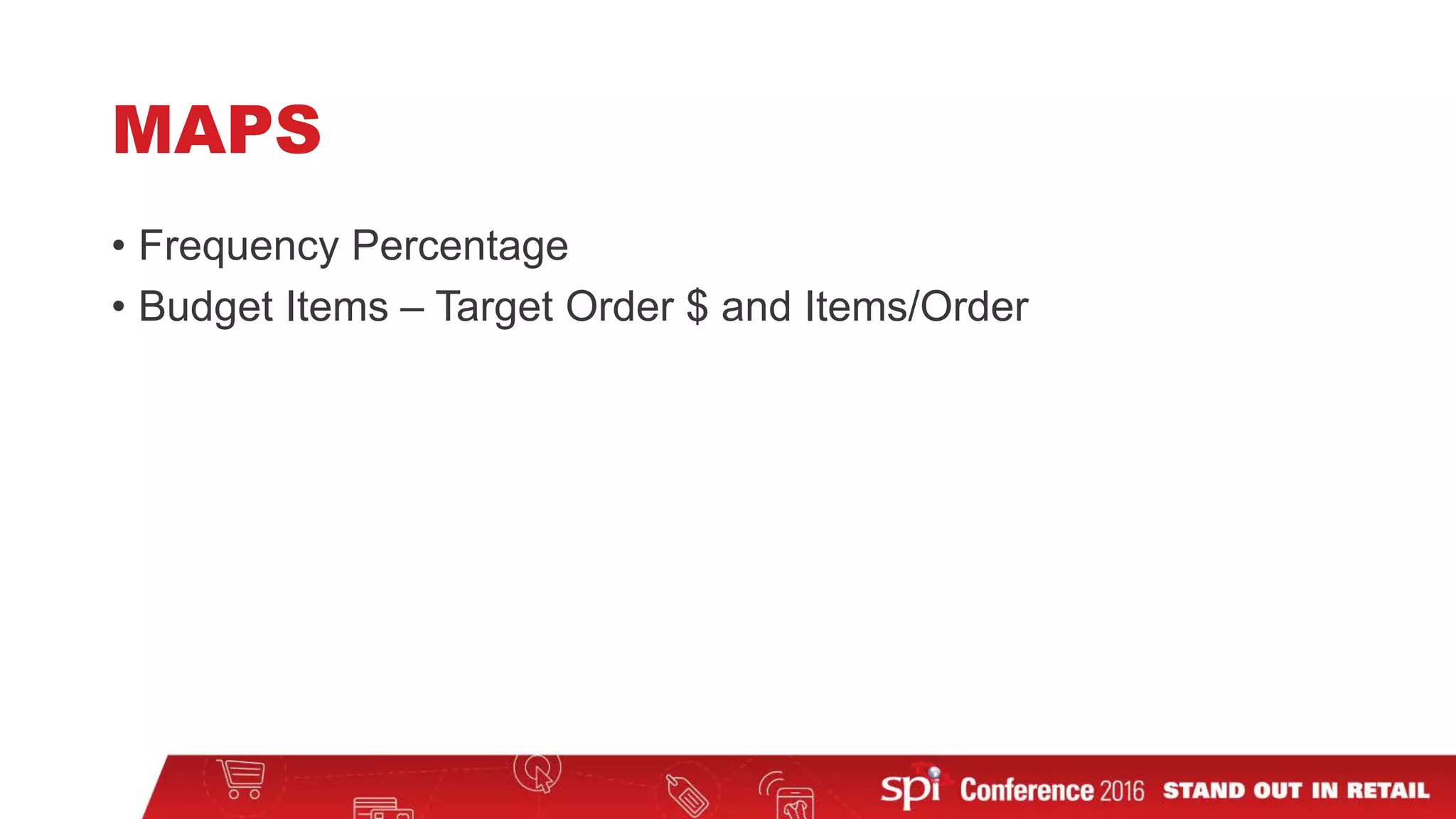 MAPS
• Frequency Percentage
• Budget Items – Target Order $ and Items/Order
 
