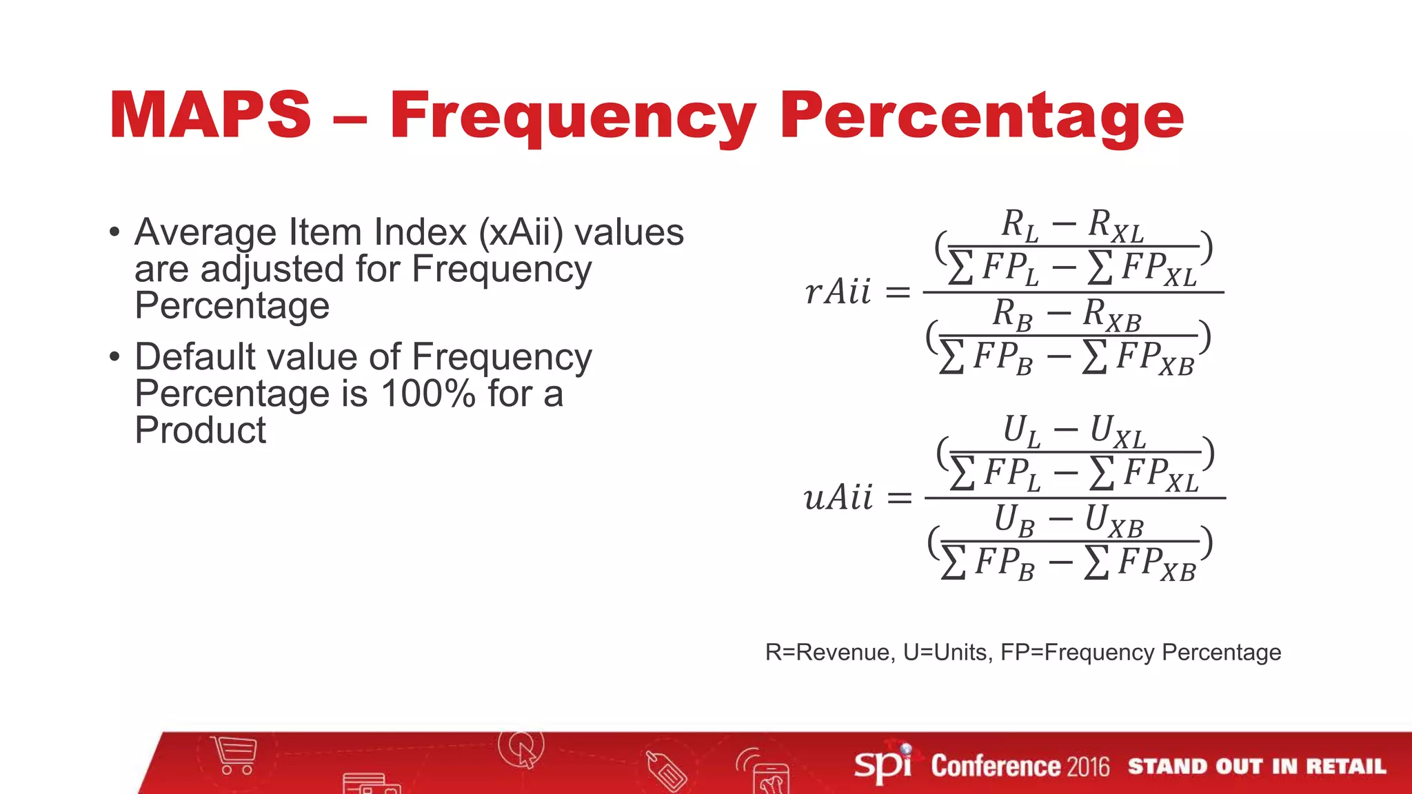 MAPS – Frequency Percentage
• Average Item Index (xAii) values
are adjusted for Frequency
Percentage
• Default value of Frequency
Percentage is 100% for a
Product
𝑟𝑟𝑟𝑟𝑟𝑟𝑟𝑟 =
(
𝑅𝑅𝐿𝐿 − 𝑅𝑅𝑋𝑋𝑋𝑋
∑ 𝐹𝐹𝐹𝐹𝐿𝐿 − ∑ 𝐹𝐹𝐹𝐹𝑋𝑋𝑋𝑋
)
(
𝑅𝑅𝐵𝐵 − 𝑅𝑅𝑋𝑋𝑋𝑋
∑ 𝐹𝐹𝐹𝐹𝐵𝐵 − ∑ 𝐹𝐹𝐹𝐹𝑋𝑋𝑋𝑋
)
𝑢𝑢𝑢𝑢𝑢𝑢𝑢𝑢 =
(
𝑈𝑈𝐿𝐿 − 𝑈𝑈𝑋𝑋𝑋𝑋
∑ 𝐹𝐹𝐹𝐹𝐿𝐿 − ∑ 𝐹𝐹𝐹𝐹𝑋𝑋𝑋𝑋
)
(
𝑈𝑈𝐵𝐵 − 𝑈𝑈𝑋𝑋𝑋𝑋
∑ 𝐹𝐹𝐹𝐹𝐵𝐵 − ∑ 𝐹𝐹𝐹𝐹𝑋𝑋𝑋𝑋
)
R=Revenue, U=Units, FP=Frequency Percentage
 