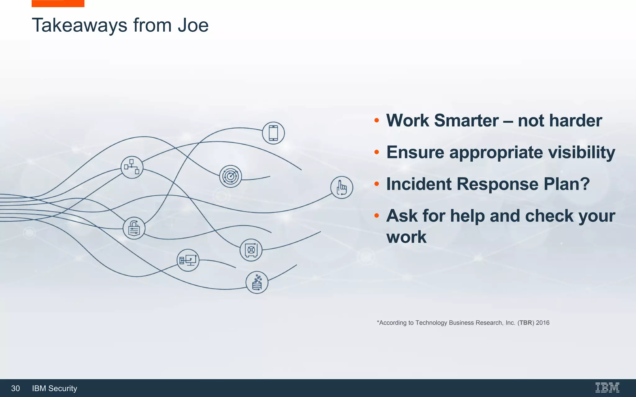 30 IBM Security
Takeaways from Joe
• Work Smarter – not harder
• Ensure appropriate visibility
• Incident Response Plan?
• Ask for help and check your
work
*According to Technology Business Research, Inc. (TBR) 2016
 