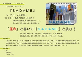 商品企画案       グループ２
   リアル就職シミュレーター


        『ＳＡＤＡＭＥ』
   ターゲット：２５歳男性
 コンセプト：転職？昇進？ソレは今！
          転職や昇進を意識し始める時期なのに・・・。
          そんなことを考え始めた２５歳に提案する。



  「運命」と書いて『ＳＡＤＡＭＥ』と読む！
               人生をやり直すなら今しかない！そんな時期だからこそ、昇進や転職
               を意識し始める。それを手助けするのがこの「ＳＡＤＡＭＥ」である。
商品内容
  　極めてリアルに近いバーチャル空間。あなたはその中で仕事につくことになる。その中では実在の企業がリアルタイム
  で情報を更新しプレイヤーは実際の就職活動と同じ体験をしたり、他のプレイヤーと情報交換したり就職や転職に関する
  様々なデータを得ることができる。企業は実在の企業が参戦しているのでそのまま採用も・・・！？

広告展開
  Web
  中刷り広告
  ＴＶＣＭ　など
 