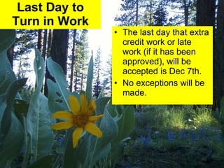Last Day to Turn in Work The last day that extra credit work or late work (if it has been approved), will be accepted is Dec 7th.  No exceptions will be made. 