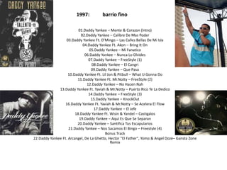 1997:          barrio fino

                          01.Daddy Yankee – Mente & Corazon (Intro)
                           02.Daddy Yankee – Calibre De Mas Poder
                  03.Daddy Yankee Ft. D’Mingo – Las Calles Bellas De Mi Isla
                            04.Daddy Yankee Ft. Akon – Bring It On
                                05.Daddy Yankee – Mi Fanatico
                              06.Daddy Yankee – Nunca Lo Olvides
                                07.Daddy Yankee – FreeStyle (1)
                                  08.Daddy Yankee – El Cangri
                                  09.Daddy Yankee – Que Paso
                    10.Daddy Yankee Ft. Lil Jon & Pitbull – What U Gonna Do
                         11.Daddy Yankee Ft. Mr.Notty – FreeStyle (2)
                               12.Daddy Yankee – No Hacen Nah
              13.Daddy Yankee Ft. Yaviah & Mr.Notty – Puerto Rico Te La Dedico
                                14.Daddy Yankee – FreeStyle (3)
                                 15.Daddy Yankee – KnockOut
                  16.Daddy Yankee Ft. Yaviah & Mr.Notty – Se Acelera El Flow
                                   17.Daddy Yankee – El Jefe
                        18.Daddy Yankee Ft. Wisin & Yandel – Castigalos
                          19.Daddy Yankee – Aqui Es Que Se Separan
                         20.Daddy Yankee – Santifica Tus Escapularios
                    21.Daddy Yankee – Nos Sacamos El Bingo – Freestyle (4)
                                          Bonus Track
22.Daddy Yankee Ft. Arcangel, De La Ghetto, Hector "El Father", Yomo & Angel Doze– Gansta Zone
                                              Remix
 