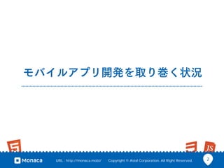 URL : http://monaca.mobi/

Copyright © Asial Corporation. All Right Reserved.

2

 