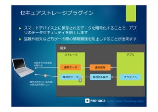 セキュアストレージプラグイン 
u スマートデバイス上に保存されるデータを暗号化することで、アプ 
リのデータセキュリティを向上します 
u 盗難や紛失など万が⼀一の際の情報漏漏洩を防⽌止しすることが出来ます 
端末 
ストレージ 
 
アプリ 
 
通常データ 
通常保存 
暗号化データ暗号化保存プラグイン 
内容をそのまま読 
み取れる 
暗号化されているため、 
内容を読み取れない 
 