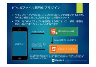 HTML5ファイル暗号化プラグイン 
u ハイブリッドアプリには、アプリ内のロジックや画像ファイル等が、 
取り出し複製することが出来るという課題があります 
u アプリ内のHTML5ファイルを暗号化する事によって、解読、複製を 
防⽌止し⾼高いセキュリティレベルを保ちます 
WebView 
暗号化済みHTML5資産 
読み込み対象ファイルを復復号化 
ファイル読み込み 
メモリ上のデータを 
WebViewにロード 
復復号化データ（メモリ上） 
アプリ実⾏行行時に復復号化を⾏行行い、データは直接WebViewにロードされます。復復号化データ 
の処理理はメモリ上で完結しているため、復復号化した内容をファイルシステムから読み取 
られる危険性はありません。 
 