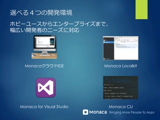 Bringing More People To Apps
選べる４つの開発環境
MonacaクラウドIDE
Monaca for Visual Studio
Monaca Localkit
Monaca CLI
ホビーユースからエンタープライズ...
