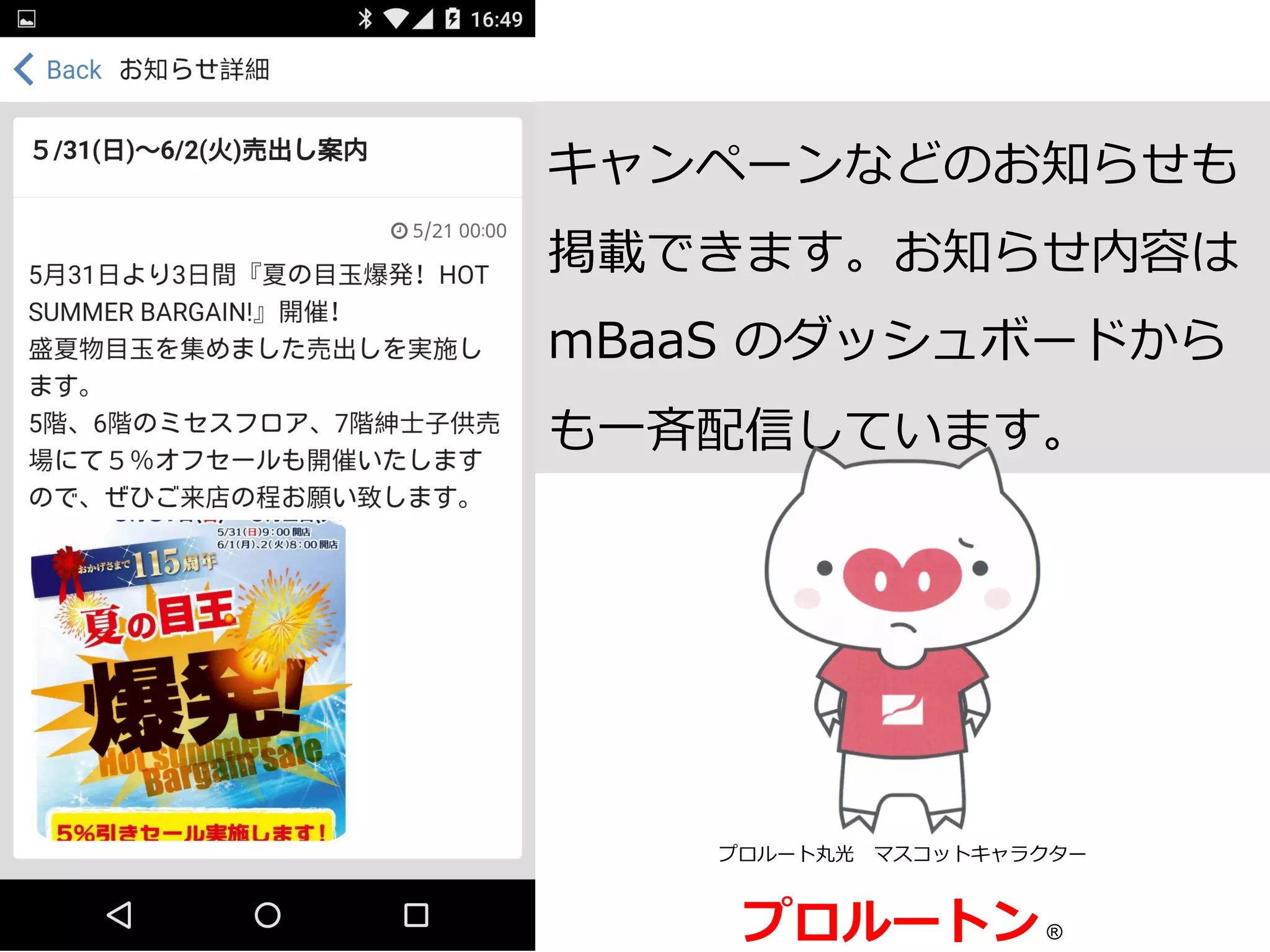 プロルート丸光 　マスコットキャラクター
プロルートン  ®
キャンペーンなどのお知らせも
掲載できます。お知らせ内容は  
mBaaS  のダッシュボードから
も⼀一⻫斉配信しています。
 