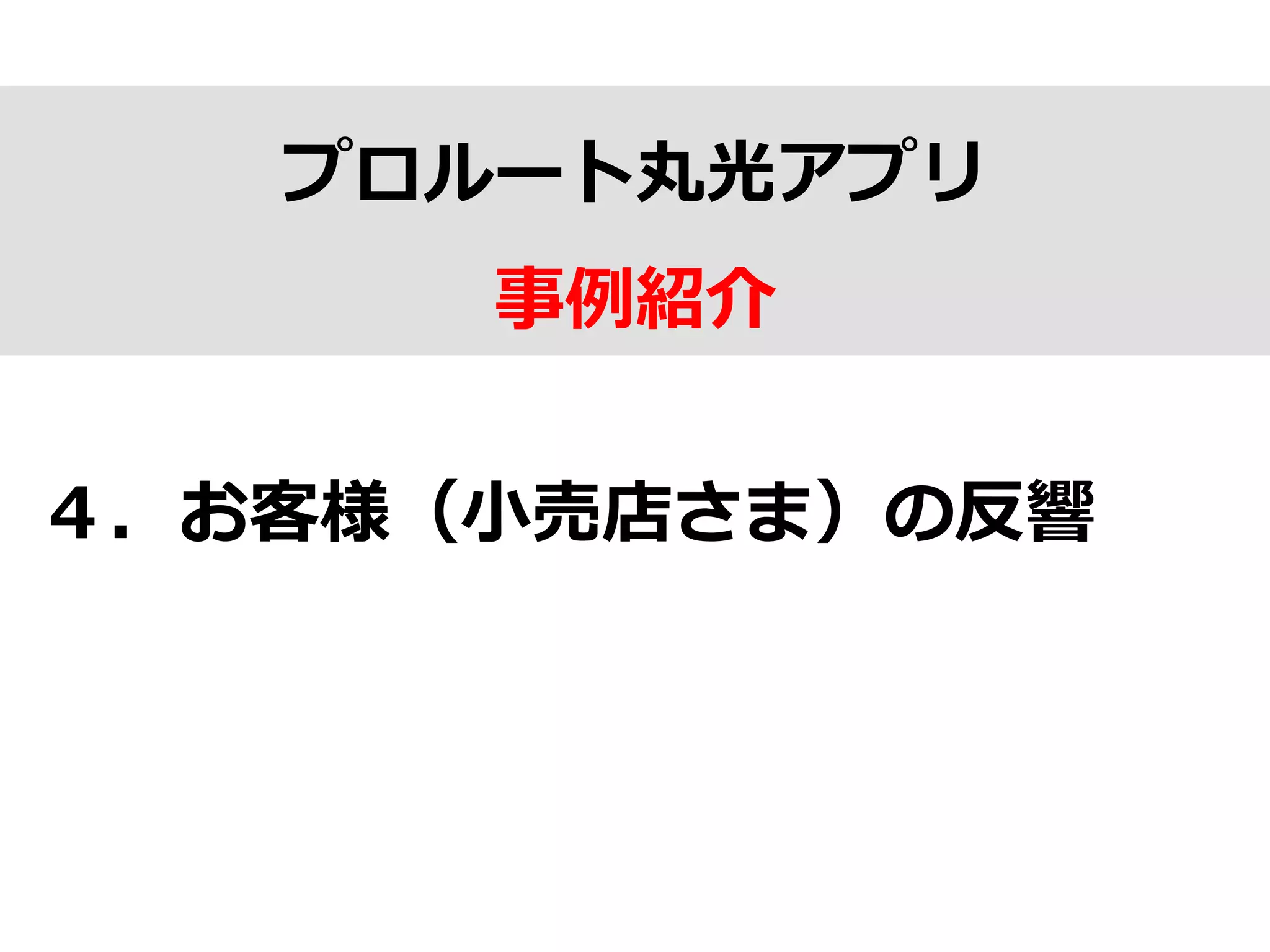 プロルート丸光アプリ
事例例紹介
４．お客様（⼩小売店さま）の反響
 