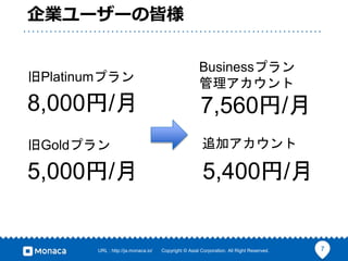 7URL : http://ja.monaca.io/ Copyright ? Asial Corporation. All Right Reserved.
I``νԘ
Platinumץ
8,000/
Goldץ
5,000/
Businessץ

7,560/
׷ӥ
5,400/
 