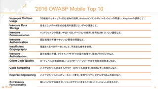 15
'2016 OWASP Mobile Top 10
Improper Platform
Usage
OSCܤ䥻ƥ˽Mߤ`áAndroidƥȤѩ`ߥåg`Keychain`äʤɡ
Insecure Data
Storage
ȫǤʤǩ`Iʹäʤǩ`©ʤɡ
Insecure
Communication
ϥɥg`ŤSSLЩ`ʹáŻƤʤͨŤʤɡ
Insecure
Authentication
J^Iβ䥻åΆ}ʤɡ
Insufficient
Cryptography
o٤ǩ`ˌơȫʰŤʹá
Insecure
Authorization
JɄIβ䡣饤ȥɤǤJɄI䡢ƥ֥饦󥰤ʤɡ
Client Code Quality `ɥ٥Όgװ}Хåե`Щ`ե`ЄIg`ʤɡ
Code Tampering ХʥեθĤ꥽`եΉӵĤʥθĤʤɡ
Reverse Engineering Хʥե뤫Υ``ɏԪʹå饤֥䥢르ꥺγʤɡ
Extraneous
Functionality
LХåɥδڤ䡢`ץ˺ޤƤϤʤȤλʤɡ
 