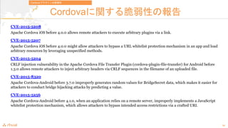 24
CordovavԤΈ
CVE-2015-5208
Apache Cordova iOS before 4.0.0 allows remote attackers to execute arbitrary plugins via a link.
CVE-2015-5207
Apache Cordova iOS before 4.0.0 might allow attackers to bypass a URL whitelist protection mechanism in an app and load
arbitrary resources by leveraging unspecified methods.
CVE-2015-5204
CRLF injection vulnerability in the Apache Cordova File Transfer Plugin (cordova-plugin-file-transfer) for Android before
1.3.0 allows remote attackers to inject arbitrary headers via CRLF sequences in the filename of an uploaded file.
CVE-2015-8320
Apache Cordova-Android before 3.7.0 improperly generates random values for BridgeSecret data, which makes it easier for
attackers to conduct bridge hijacking attacks by predicting a value.
CVE-2015-5256
Apache Cordova-Android before 4.1.0, when an application relies on a remote server, improperly implements a JavaScript
whitelist protection mechanism, which allows attackers to bypass intended access restrictions via a crafted URI.
Cordova/ץ饰δ
 