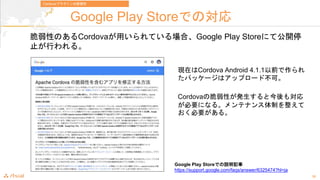 25
Google Play StoreǤΌ
ԤΤCordovaäƤϡGoogle Play Storeˤƹ_ͣ
ֹФ롣
Google Play StoreǤhӛ
https://support.google.com/faqs/answer/6325474?hl=ja
FڤCordova Android 4.1.1ǰ
ѥå`ϥåץ`ɲɡ
CordovaδԤkȽ⌝
Ҫˤʤ롣ƥʥƤ
Ҫ롣
Cordova/ץ饰δ
 