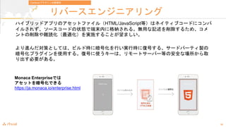 26
Щ`󥸥˥
ϥ֥åɥץΥåȥե루HTML/JavaScriptȣϥͥƥ֥`ɤ˥
뤵줺``ɤ״BǶĩڤ˸{롣oäӛ뤿ᡢ
Ȥyimgʩ뤳Ȥޤ
MߤȤƤϡӥɕr˰ŻФgЕrˏͺŤ롢`ɥѩ`ƥu
Żץ饰ʹä롣ͺŤʹ`ϡ`ȥ`Щ`Ȥΰȫʈȡ
Ҫ롣
Cordova/ץ饰δ
Monaca EnterpriseǤ
åȤ򰵺ŻǤ
https://ja.monaca.io/enterprise.html
 