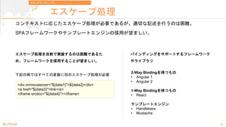 30
`ׄI
ƥȤˏꤸ`ׄIҪǤ뤬mФӛФΤy
SPAե``ƥץ`ȥ󥸥Βäޤ
奢`ǥ
<div onmouseover="${data1}">${data2}</div>
<a href="${data3}">link</a>
<iframe srcdoc="${data4}"></iframe>
ӛǤϤ٤ƤΉ˄eΥ`ׄIҪ
Хǥ󥰤򥵥ݩ`Ȥե``
饤֥
2-Way Binding֤Ĥ
? Angular 1
? Angular 2
1-Way Binding֤Ĥ
? React
ƥץ`ȥ󥸥
? Handlebars
? Mustache
`ׄIǰǌgװΤyǤ뤿
ᡢե``ä뤳Ȥޤ
 