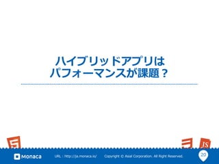 20URL : http://ja.monaca.io/ Copyright © Asial Corporation. All Right Reserved.
ハイブリッドアプリは
パフォーマンスが課題？
 