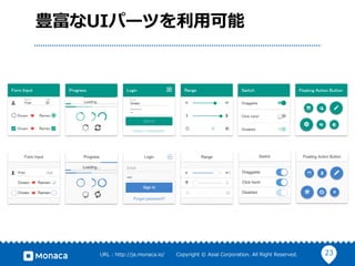 23URL : http://ja.monaca.io/ Copyright © Asial Corporation. All Right Reserved.
豊富なUIパーツを利⽤可能
 