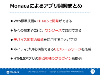 25URL : http://ja.monaca.io/ Copyright © Asial Corporation. All Right Reserved.
Monacaによるアプリ開発まとめ
l Web標準技術のHTML5で開発ができる
l 多くの端末やOSに、ワンソースで対応できる
l デバイス固有の機能を活⽤することが可能
l ネイティブUIを構築できるUIフレームワークを搭載
l HTML5アプリの弱点を補うプラグインも提供
 