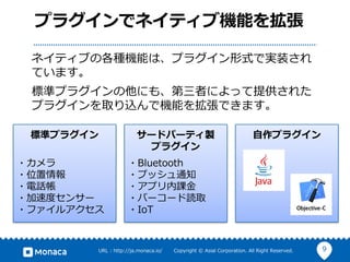 9URL : http://ja.monaca.io/ Copyright © Asial Corporation. All Right Reserved.
プラグインでネイティブ機能を拡張
ネイティブの各種機能は、プラグイン形式で実装され
ています。
標準プラグインの他にも、第三者によって提供された
プラグインを取り込んで機能を拡張できます。
標準プラグイン
・カメラ
・位置情報
・電話帳
・加速度センサー
・ファイルアクセス
サードパーティ製
プラグイン
・Bluetooth
・プッシュ通知
・アプリ内課⾦
・バーコード読取
・IoT
⾃作プラグイン
 