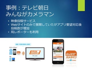 Bringing More People To Apps
事例：テレビ朝日
みんながカメラマン
• 映像投稿サービス
• Webサイトのみで展開していたがアプリ要望対応後
投稿数が増加
• 局レポーターも利用
 