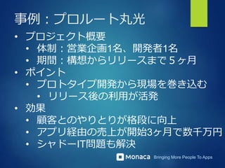 Bringing More People To Apps
事例：プロルート丸光
• プロジェクト概要
• 体制：営業企画1名、開発者1名
• 期間：構想からリリースまで５ヶ月
• ポイント
• プロトタイプ開発から現場を巻き込む
• リリース後の利用が活発
• 効果
• 顧客とのやりとりが格段に向上
• アプリ経由の売上が開始3ヶ月で数千万円
• シャドーIT問題も解決
 