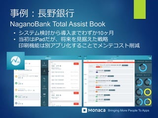 Bringing More People To Apps
事例：長野銀行
NaganoBank Total Assist Book
• システム検討から導入までわずか10ヶ月
• 当初はiPadだが、将来を見据えた戦略
印刷機能は別アプリ化することでメンテコスト削減
 