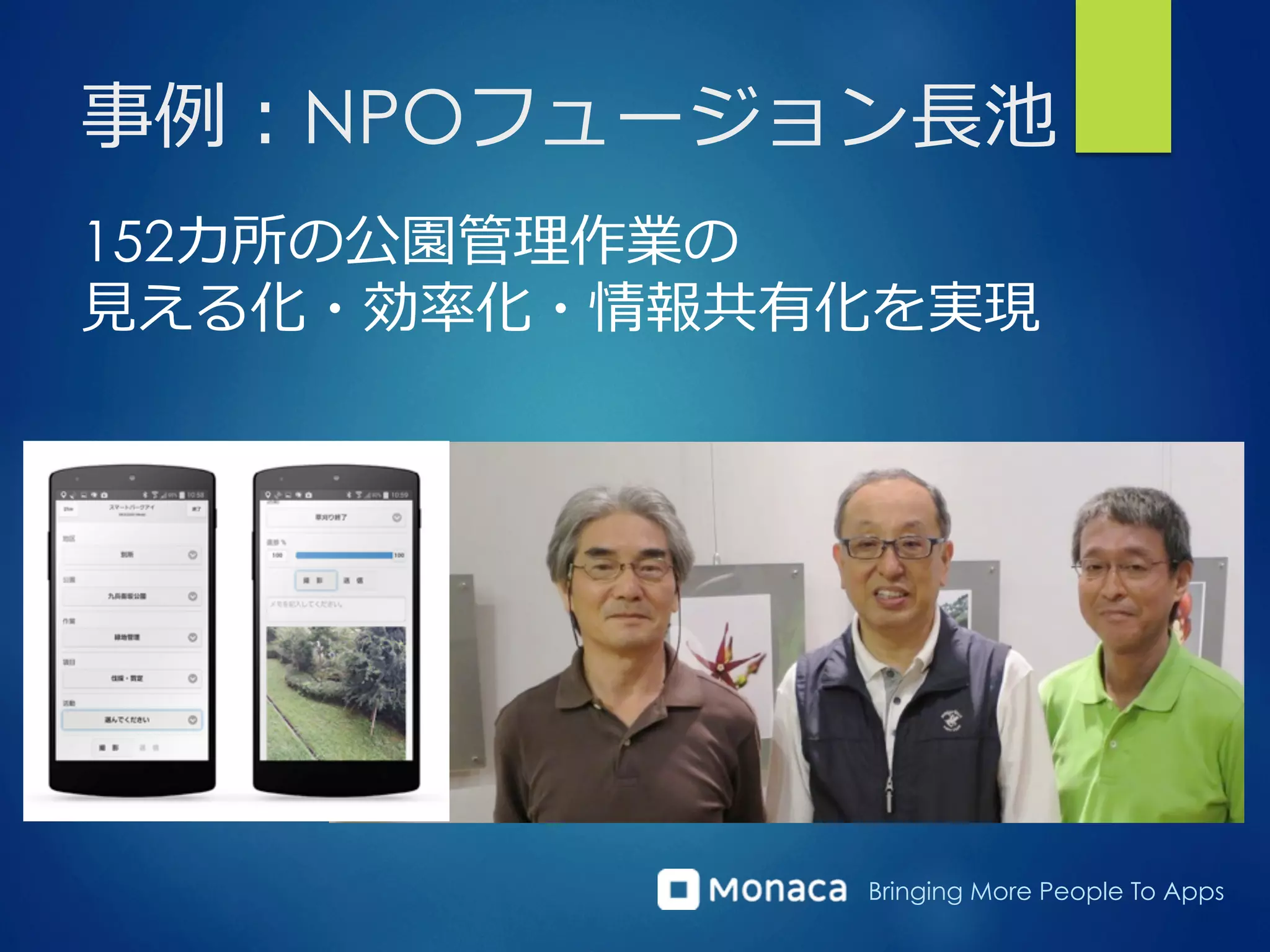 Bringing More People To Apps
事例例：NPOフュージョン⻑⾧長池
152カ所の公園管理理作業の
⾒見見える化・効率率率化・情報共有化を実現
 