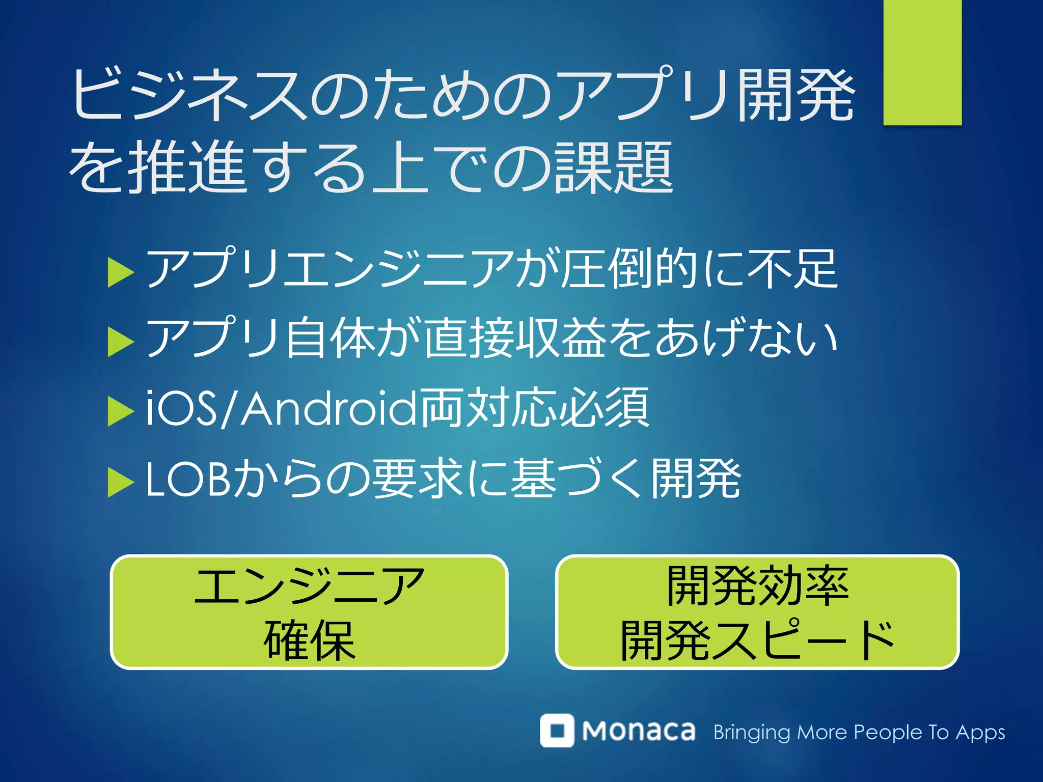 Bringing More People To Apps
ビジネスのためのアプリ開発
を推進する上での課題
u アプリエンジニアが圧倒的に不不⾜足
u アプリ⾃自体が直接収益をあげない
u iOS/Android両対応必須
u LOBからの要求に基づく開発
エンジニア
確保
開発効率率率
開発スピード
 