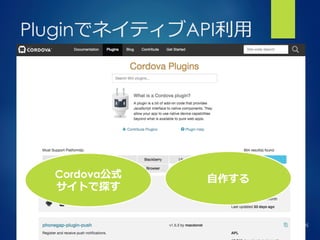 Bringing More People To Apps
PluginでネイティブAPI利利⽤用
Cordova公式
サイトで探す
⾃自作する
 