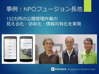Bringing More People To Apps
事例例：NPOフュージョン⻑⾧長池
152カ所の公園管理理作業の
⾒見見える化・効率率率化・情報共有化を実現
 