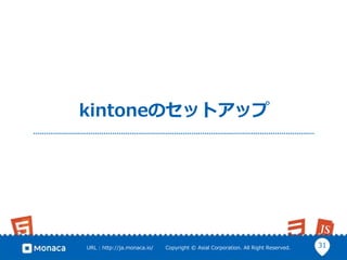 31URL : http://ja.monaca.io/ Copyright © Asial Corporation. All Right Reserved.
kintoneのセットアップ
 