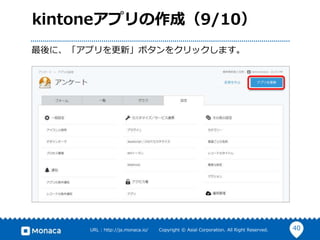 40URL : http://ja.monaca.io/ Copyright © Asial Corporation. All Right Reserved.
kintoneアプリの作成（9/10）
最後に、「アプリを更新」ボタンをクリックします。
 