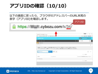 41URL : http://ja.monaca.io/ Copyright © Asial Corporation. All Right Reserved.
アプリIDの確認（10/10）
以下の画面に戻ったら、ブラウザのアドレスバーのURL末尾の
数字（アプリID)を確認します。
アプリID
 