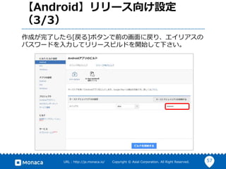 57URL : http://ja.monaca.io/ Copyright © Asial Corporation. All Right Reserved.
【Android】リリース向け設定
（3/3）
作成が完了したら[戻る]ボタンで前の画面に戻り、エイリアスの
パスワードを入力してリリースビルドを開始して下さい。
 