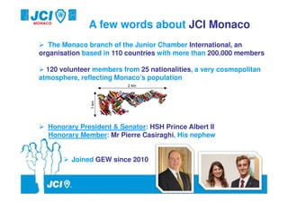 A few words about JCI Monaco
   The Monaco branch of the Junior Chamber International, an
organisation based in 110 countries with more than 200.000 members

  120 volunteer members from 25 nationalities, a very cosmopolitan
atmosphere, reflecting Monaco’s population




  Honorary President & Senator: HSH Prince Albert II
  Honorary Member: Mr Pierre Casiraghi, His nephew


         Joined GEW since 2010


                                                              1
 