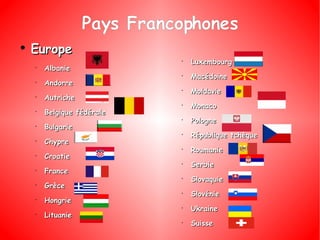 Pays Francophones Europe Albanie  Andorre  Autriche Belgique fédérale  Bulgarie  Chypre  Croatie  France Grèce Hongrie Lituanie Luxembourg Macédoine Moldavie  Monaco  Pologne  République tchèque  Roumanie Serbie Slovaquie  Slovénie  Ukraine Suisse 