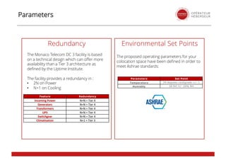 Redundancy Environmental Set Points
The proposed operating parameters for your
colocation space have been defined in order to
meet Ashrae standards:
Parameters
Parameters Set Point
Temperature 24 degrees centigrade +/- 1
Humidity 50 RH +/- 20% RH
Feature Redundancy
Incoming Power N+N	=	Tier	4
Generators N+N	=	Tier	4
Transformers N+N	=	Tier	4
UPS N+N	=	Tier	4
Switchgear N+N	=	Tier	4
Climatisation N+1	=	Tier 3
The Monaco Telecom DC 3 facility is based
on a technical design which can offer more
availability than a Tier 3 architecture as
defined by the Uptime Institute.
The facility provides a redundancy in :
• 2N on Power
• N+1 on Cooling
 