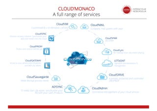 Cloud’DRIVE
A private, protected and controlled
DROPBOX
Cloud’MAIL
Company mail system with ease
Cloud’VM
Customised & « on-demand » servers
Cloud’Sauvegarde
Make Backup process easier
Cloud’SPAM
Anti’SPAM
Cloud’Lync
IM, meeting room, document sharing
LETSIGNIT
Signature standardisation &
management
Cloud’Admin
Centralized management of your cloud services
AD’SYNC
To make User Life easier, synchronise your
AD with your SaaS Products
Cloud’GATEWAY
Access to your servers from anywhere
and with any device
Cloud’PROXY
Protect and control internet use
Cloud’SYNC
Disaster recovery solution. Synchronize your
data and servers into the cloud
CLOUD’MONACO
A full range of services
 