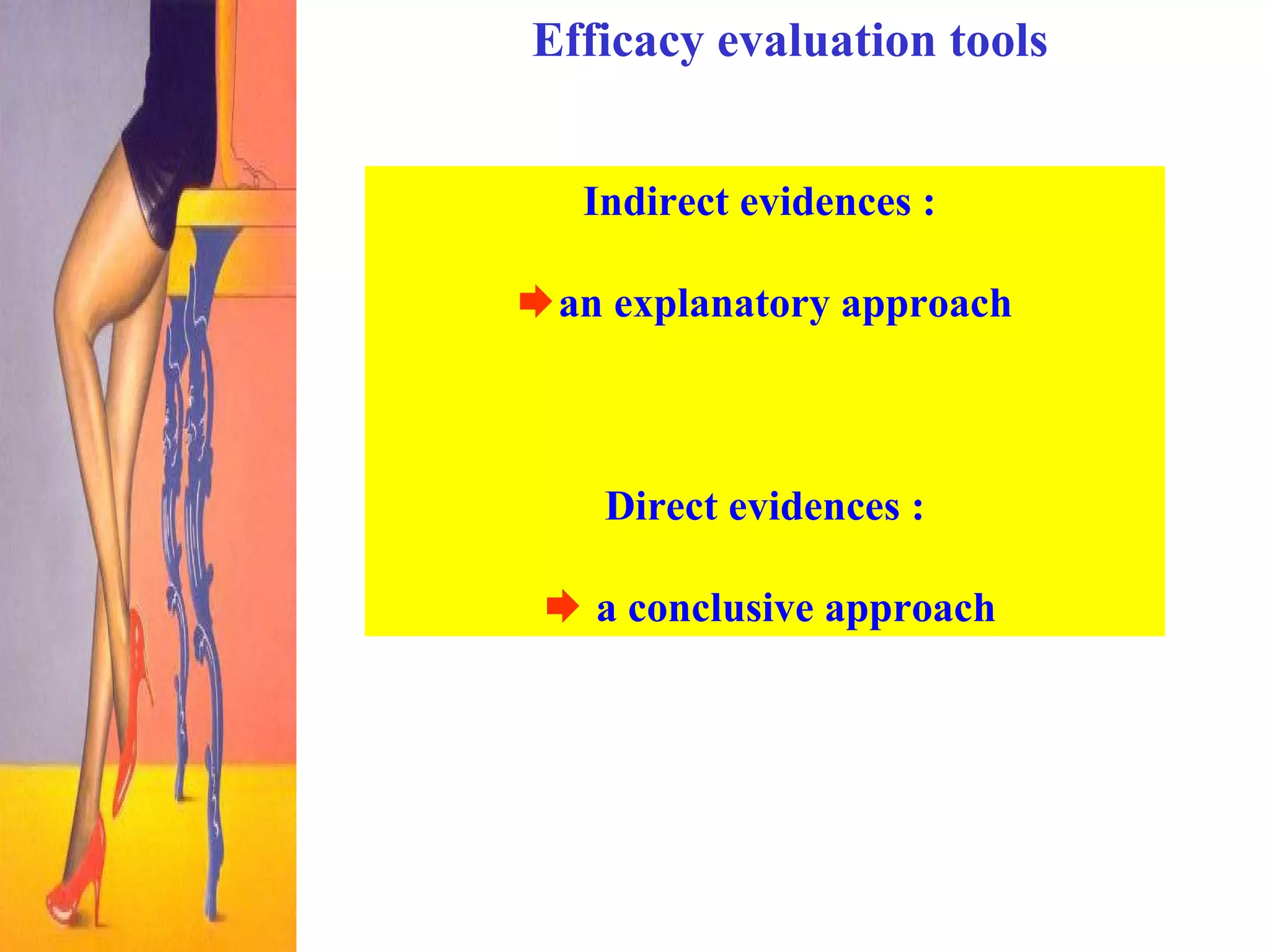 Efficacy evaluation tools Indirect evidences :   an explanatory approach Direct evidences :    a conclusive approach 