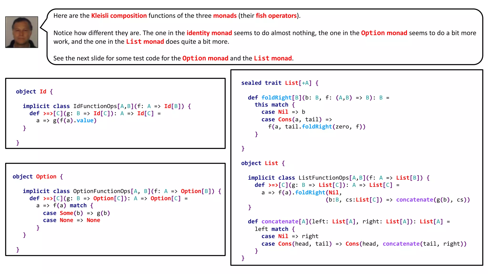 Here are the Kleisli composition functions of the three monads (their fish operators).
Notice how different they are. The one in the identity monad seems to do almost nothing, the one in the Option monad seems to do a bit more
work, and the one in the List monad does quite a bit more.
See the next slide for some test code for the Option monad and the List monad.
object Option {
implicit class OptionFunctionOps[A, B](f: A => Option[B]) {
def >=>[C](g: B => Option[C]): A => Option[C] =
a => f(a) match {
case Some(b) => g(b)
case None => None
}
}
}
object Id {
implicit class IdFunctionOps[A,B](f: A => Id[B]) {
def >=>[C](g: B => Id[C]): A => Id[C] =
a => g(f(a).value)
}
}
sealed trait List[+A] {
def foldRight[B](b: B, f: (A,B) => B): B =
this match {
case Nil => b
case Cons(a, tail) =>
f(a, tail.foldRight(zero, f))
}
}
object List {
implicit class ListFunctionOps[A,B](f: A => List[B]) {
def >=>[C](g: B => List[C]): A => List[C] =
a => f(a).foldRight(Nil,
(b:B, cs:List[C]) => concatenate(g(b), cs))
}
def concatenate[A](left: List[A], right: List[A]): List[A] =
left match {
case Nil => right
case Cons(head, tail) => Cons(head, concatenate(tail, right))
}
}
 