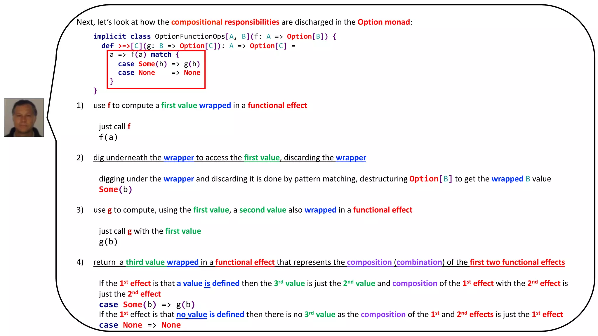 Next, let’s look at how the compositional responsibilities are discharged in the Option monad:
1) use f to compute a first value wrapped in a functional effect
just call f
f(a)
2) dig underneath the wrapper to access the first value, discarding the wrapper
digging under the wrapper and discarding it is done by pattern matching, destructuring Option[B] to get the wrapped B value
Some(b)
3) use g to compute, using the first value, a second value also wrapped in a functional effect
just call g with the first value
g(b)
4) return a third value wrapped in a functional effect that represents the composition (combination) of the first two functional effects
If the 1st effect is that a value is defined then the 3rd value is just the 2nd value and composition of the 1st effect with the 2nd effect is
just the 2nd effect
case Some(b) => g(b)
If the 1st effect is that no value is defined then there is no 3rd value as the composition of the 1st and 2nd effects is just the 1st effect
case None => None
implicit class OptionFunctionOps[A, B](f: A => Option[B]) {
def >=>[C](g: B => Option[C]): A => Option[C] =
a => f(a) match {
case Some(b) => g(b)
case None => None
}
}
 