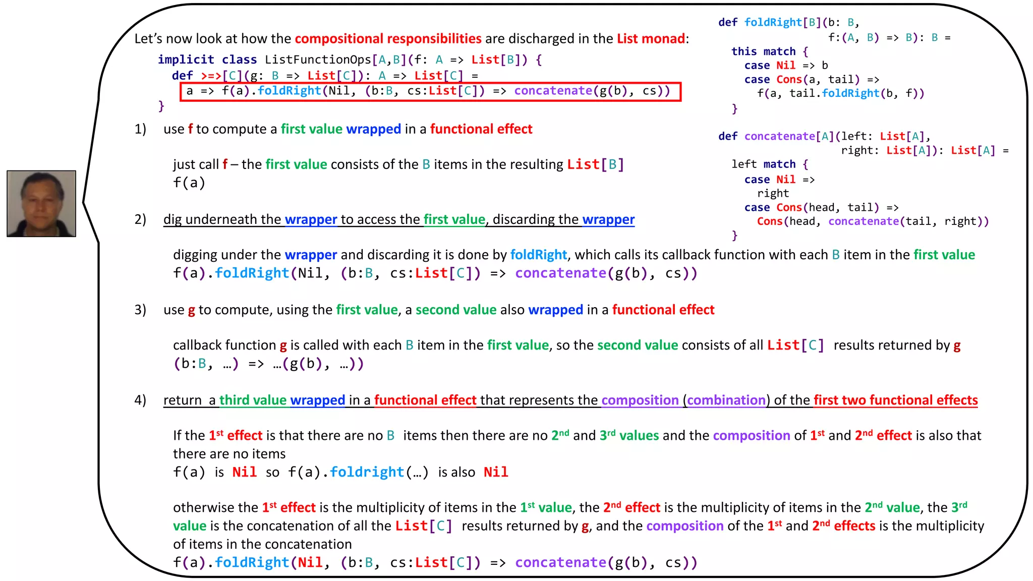 Let’s now look at how the compositional responsibilities are discharged in the List monad:
1) use f to compute a first value wrapped in a functional effect
just call f – the first value consists of the B items in the resulting List[B]
f(a)
2) dig underneath the wrapper to access the first value, discarding the wrapper
digging under the wrapper and discarding it is done by foldRight, which calls its callback function with each B item in the first value
f(a).foldRight(Nil, (b:B, cs:List[C]) => concatenate(g(b), cs))
3) use g to compute, using the first value, a second value also wrapped in a functional effect
callback function g is called with each B item in the first value, so the second value consists of all List[C] results returned by g
(b:B, …) => …(g(b), …))
4) return a third value wrapped in a functional effect that represents the composition (combination) of the first two functional effects
If the 1st effect is that there are no B items then there are no 2nd and 3rd values and the composition of 1st and 2nd effect is also that
there are no items
f(a) is Nil so f(a).foldright(…) is also Nil
otherwise the 1st effect is the multiplicity of items in the 1st value, the 2nd effect is the multiplicity of items in the 2nd value, the 3rd
value is the concatenation of all the List[C] results returned by g, and the composition of the 1st and 2nd effects is the multiplicity
of items in the concatenation
f(a).foldRight(Nil, (b:B, cs:List[C]) => concatenate(g(b), cs))
implicit class ListFunctionOps[A,B](f: A => List[B]) {
def >=>[C](g: B => List[C]): A => List[C] =
a => f(a).foldRight(Nil, (b:B, cs:List[C]) => concatenate(g(b), cs))
}
def foldRight[B](b: B,
f:(A, B) => B): B =
this match {
case Nil => b
case Cons(a, tail) =>
f(a, tail.foldRight(b, f))
}
def concatenate[A](left: List[A],
right: List[A]): List[A] =
left match {
case Nil =>
right
case Cons(head, tail) =>
Cons(head, concatenate(tail, right))
}
 