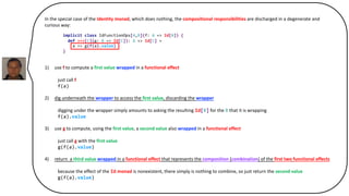 In the special case of the Identity monad, which does nothing, the compositional responsibilities are discharged in a degenerate and
curious way:
1) use f to compute a first value wrapped in a functional effect
just call f
f(a)
2) dig underneath the wrapper to access the first value, discarding the wrapper
digging under the wrapper simply amounts to asking the resulting Id[B] for the B that it is wrapping
f(a).value
3) use g to compute, using the first value, a second value also wrapped in a functional effect
just call g with the first value
g(f(a).value)
4) return a third value wrapped in a functional effect that represents the composition (combination) of the first two functional effects
because the effect of the Id monad is nonexistent, there simply is nothing to combine, so just return the second value
g(f(a).value)
implicit class IdFunctionOps[A,B](f: A => Id[B]) {
def >=>[C](g: B => Id[C]): A => Id[C] =
a => g(f(a).value)
}
 