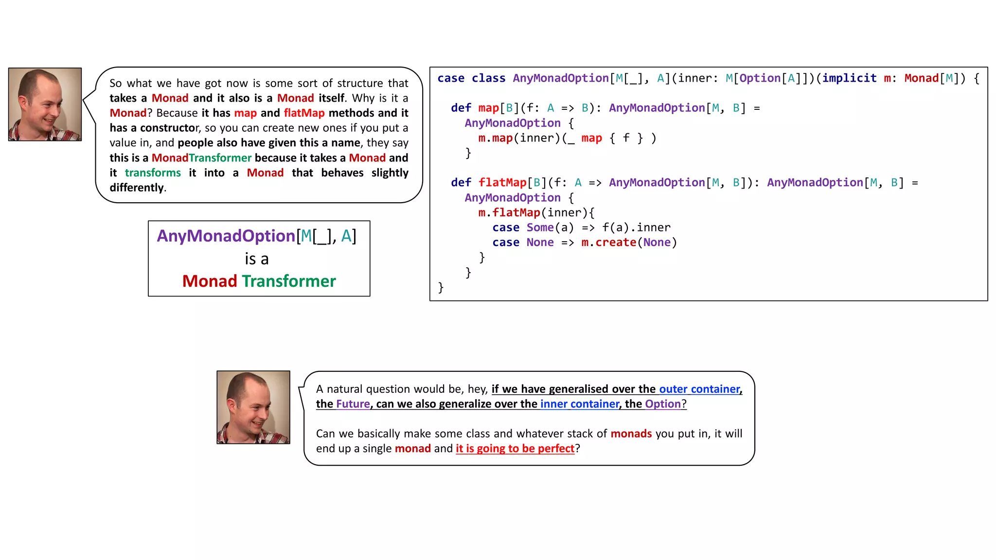 So what we have got now is some sort of structure that
takes a Monad and it also is a Monad itself. Why is it a
Monad? Because it has map and flatMap methods and it
has a constructor, so you can create new ones if you put a
value in, and people also have given this a name, they say
this is a MonadTransformer because it takes a Monad and
it transforms it into a Monad that behaves slightly
differently.
case class AnyMonadOption[M[_], A](inner: M[Option[A]])(implicit m: Monad[M]) {
def map[B](f: A => B): AnyMonadOption[M, B] =
AnyMonadOption {
m.map(inner)(_ map { f } )
}
def flatMap[B](f: A => AnyMonadOption[M, B]): AnyMonadOption[M, B] =
AnyMonadOption {
m.flatMap(inner){
case Some(a) => f(a).inner
case None => m.create(None)
}
}
}
AnyMonadOption[M[_],	A]	
is	a	
Monad Transformer
A natural question would be, hey, if we have generalised over the outer container,
the Future, can we also generalize over the inner container, the Option?
Can we basically make some class and whatever stack of monads you put in, it will
end up a single monad and it is going to be perfect?
 