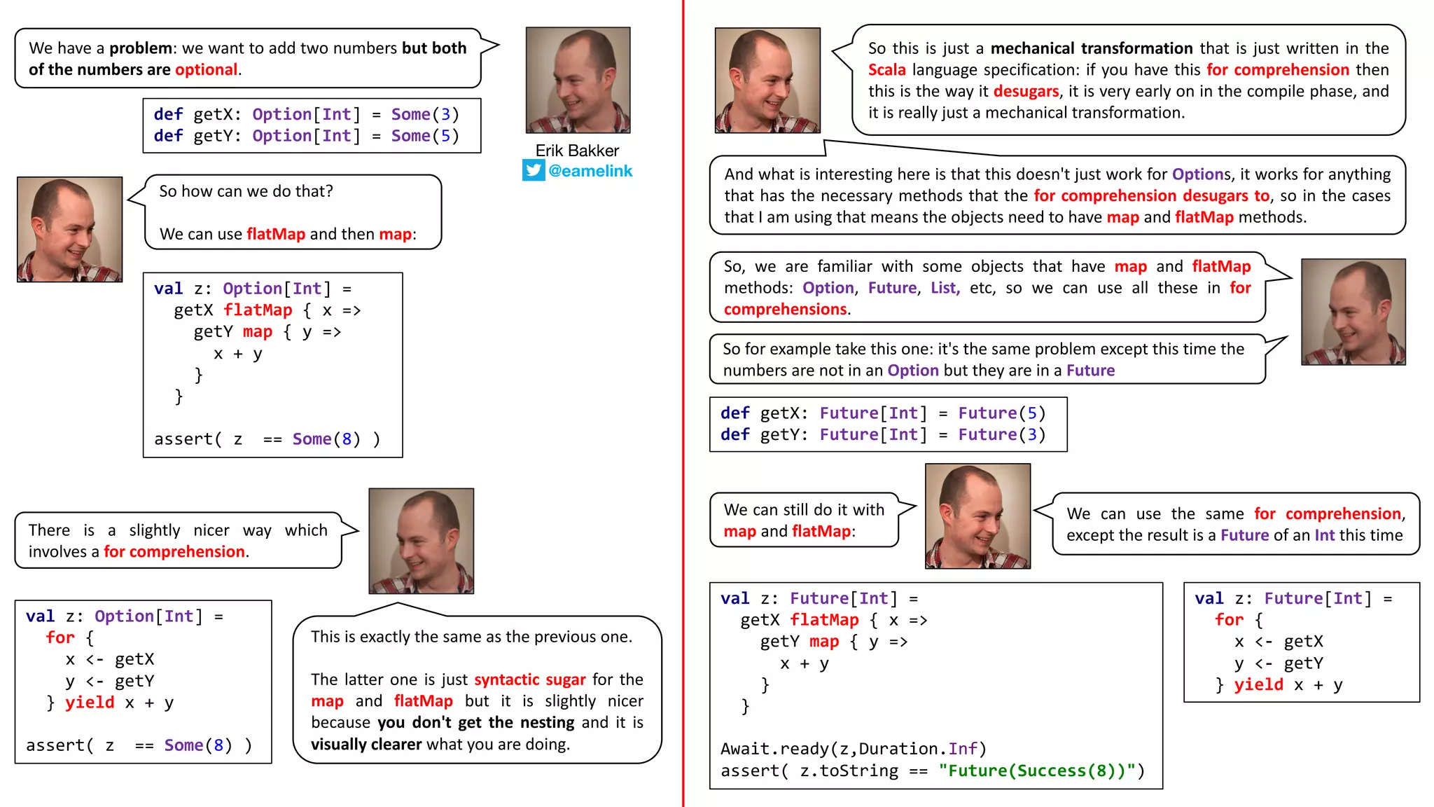 We have a problem: we want to add two numbers but both
of the numbers are optional.
def getX: Option[Int] = Some(3)
def getY: Option[Int] = Some(5)
So how can we do that?
We can use flatMap and then map:
val z: Option[Int] =
getX flatMap { x =>
getY map { y =>
x + y
}
}
assert( z == Some(8) )
val z: Option[Int] =
for {
x <- getX
y <- getY
} yield x + y
assert( z == Some(8) )
This is exactly the same as the previous one.
The latter one is just syntactic sugar for the
map and flatMap but it is slightly nicer
because you don't get the nesting and it is
visually clearer what you are doing.
And what is interesting here is that this doesn't just work for Options, it works for anything
that has the necessary methods that the for comprehension desugars to, so in the cases
that I am using that means the objects need to have map and flatMap methods.
So this is just a mechanical transformation that is just written in the
Scala language specification: if you have this for comprehension then
this is the way it desugars, it is very early on in the compile phase, and
it is really just a mechanical transformation.
There is a slightly nicer way which
involves a for comprehension.
So, we are familiar with some objects that have map and flatMap
methods: Option, Future, List, etc, so we can use all these in for
comprehensions.
So	for	example	take	this	one:	it's	the	same	problem	except	this	time	the	
numbers	are	not	in	an	Option	but	they	are	in	a	Future
def getX: Future[Int] = Future(5)
def getY: Future[Int] = Future(3)
We can still do it with
map and flatMap:
val z: Future[Int] =
getX flatMap { x =>
getY map { y =>
x + y
}
}
Await.ready(z,Duration.Inf)
assert( z.toString == "Future(Success(8))")
val z: Future[Int] =
for {
x <- getX
y <- getY
} yield x + y
We can use the same for comprehension,
except the result is a Future of an Int this time
Erik Bakker
@eamelink
 