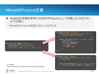 Copyright ©2014, NC Design & Consulting Co., Ltd. All rights reserved.
MonadのProtocol定義
60
Value(値)
 Haskellの定義を参考にSwiftのProtocolとして定義したら以下の
ような感じ
• MonadがFunctorの拡張であることがわかる
コード引用：
https://gist.github.com/mbrandonw/42651182eddf53ca3991
 
