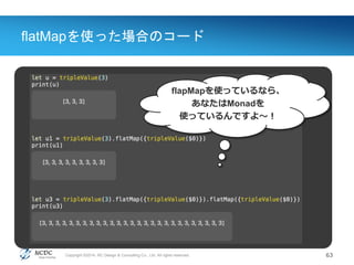 Copyright ©2014, NC Design & Consulting Co., Ltd. All rights reserved.
flatMapを使った場合のコード
63
１回目は普通に成功
２回目も成功するが、返り値は
２十配列になっている！
flapMapを使っているなら、
あなたはMonadを
使っているんですよ〜！
 